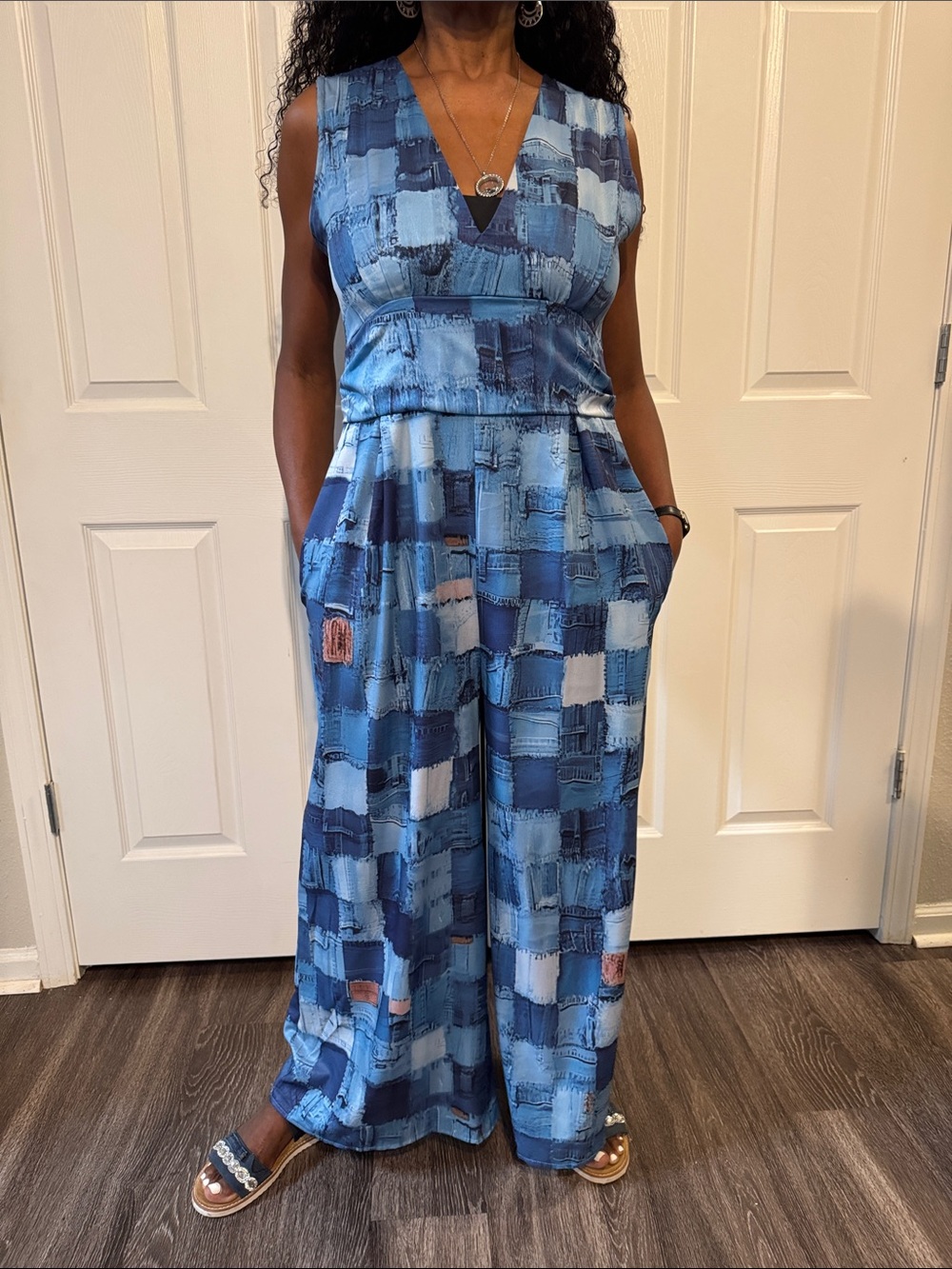 Handmade Sleeveless Blue Denim Look Patchwork Wide-Leg Jumpsuit Size M